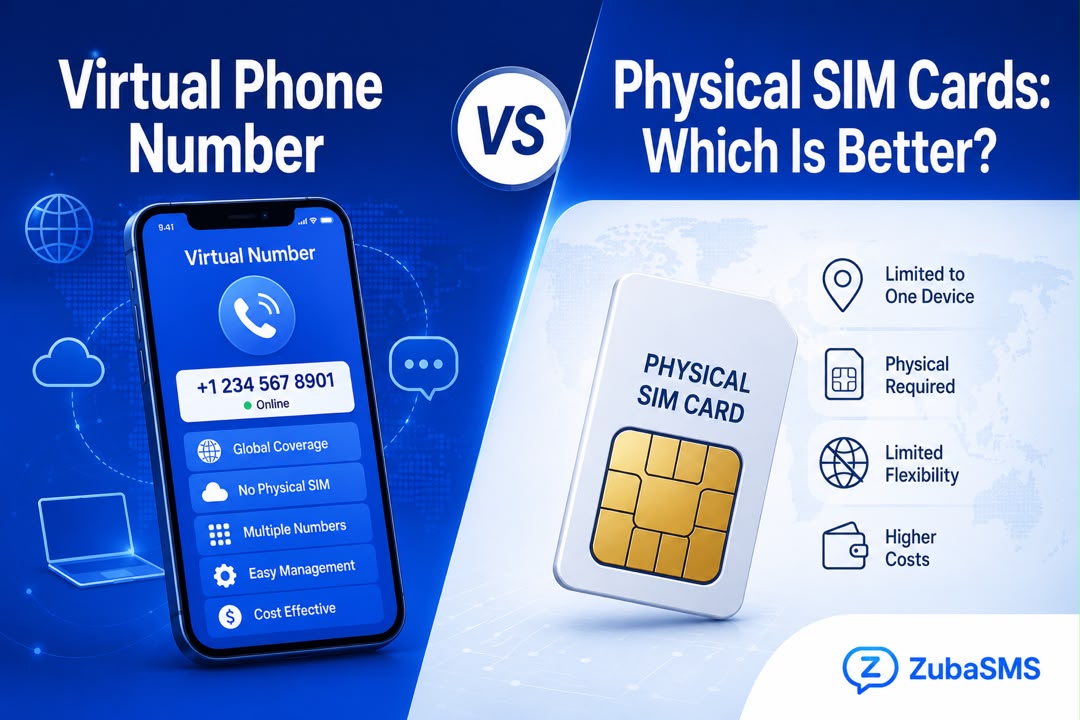 Comparison of SMS Virtual numbers and physical SIM cards highlighting privacy, flexibility, online verification, and cost benefits.