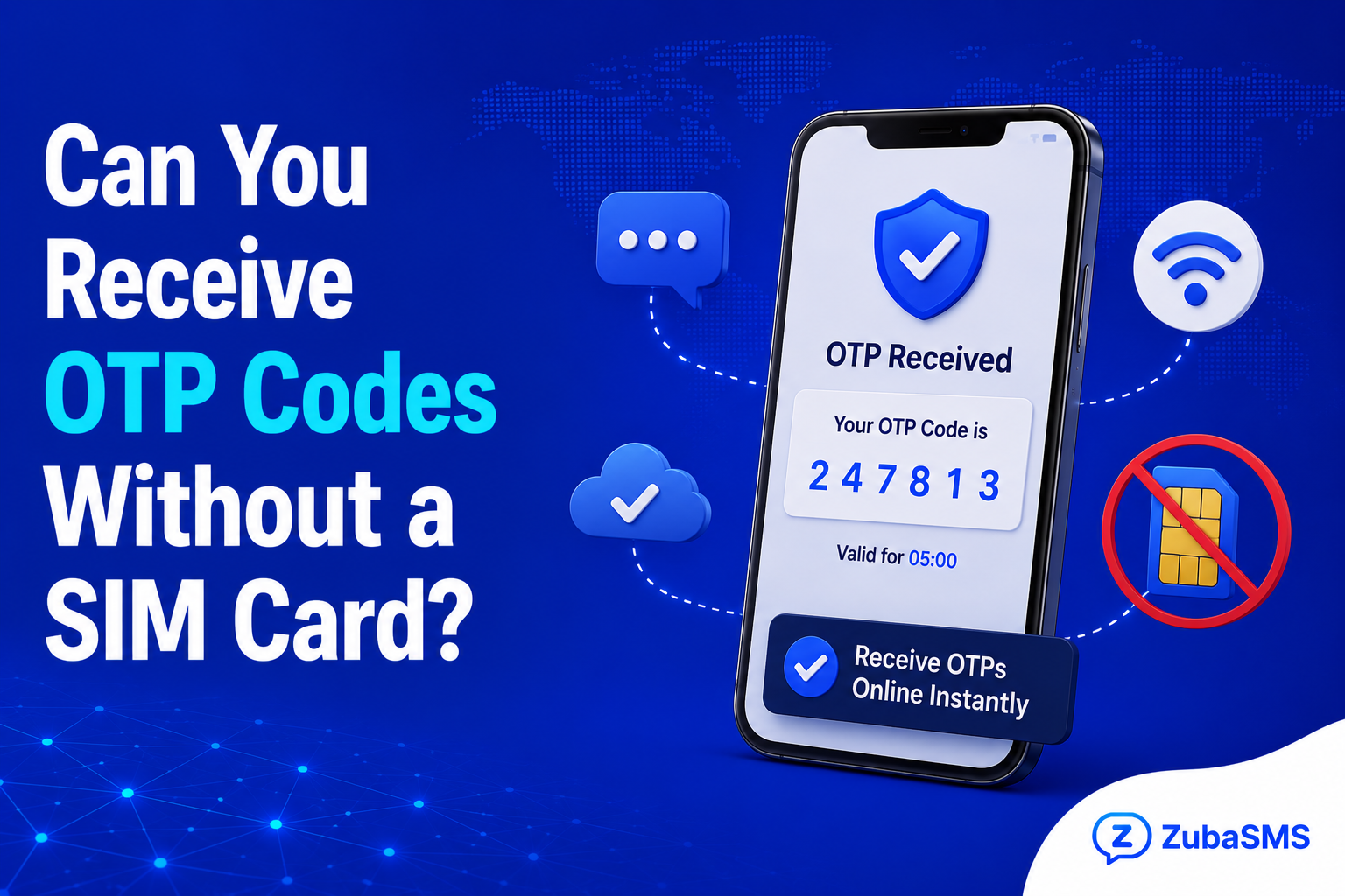 Illustration showing how to receive OTP codes without a physical SIM card using a virtual phone number.