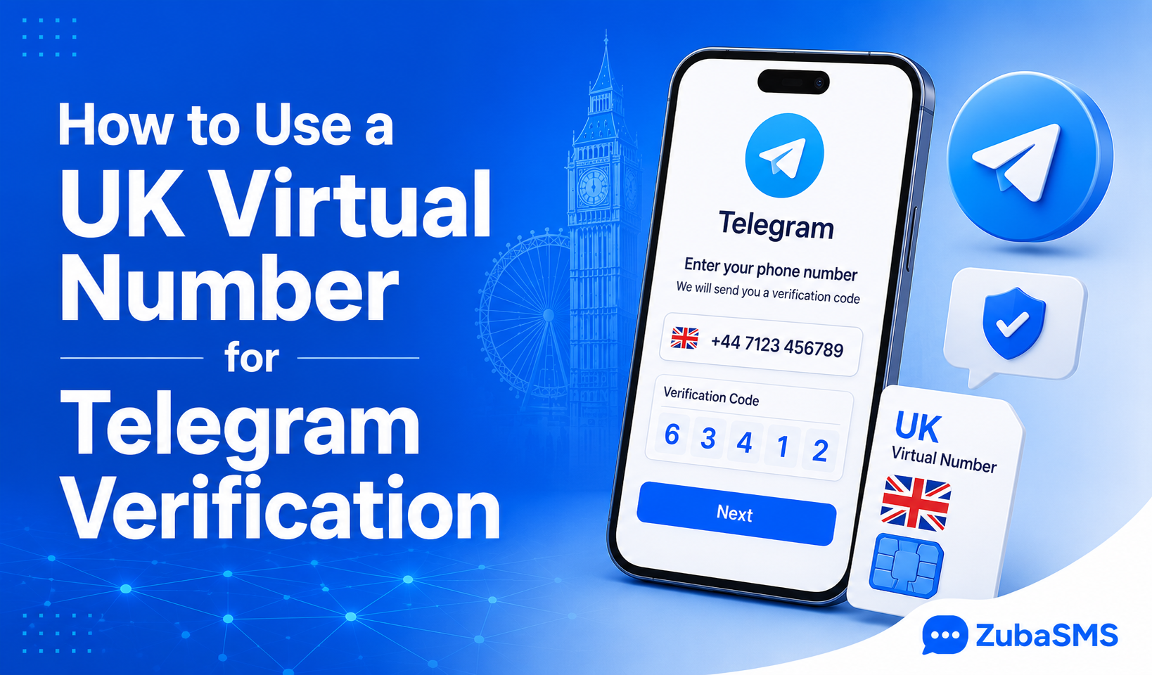UK virtual phone number receiving a Telegram SMS verification code.