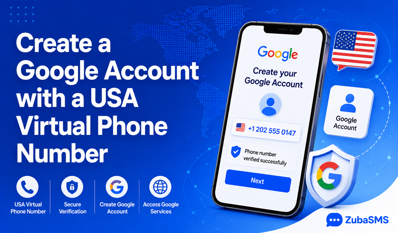 USA virtual phone number being used to verify a Google account with an SMS verification code.